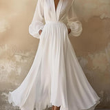 Laura - Vintage-Inspired White V-Neck Maxi Dress