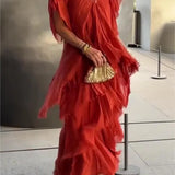 Blaise - Ruffled Short Sleeves V-Neck Maxi Dress