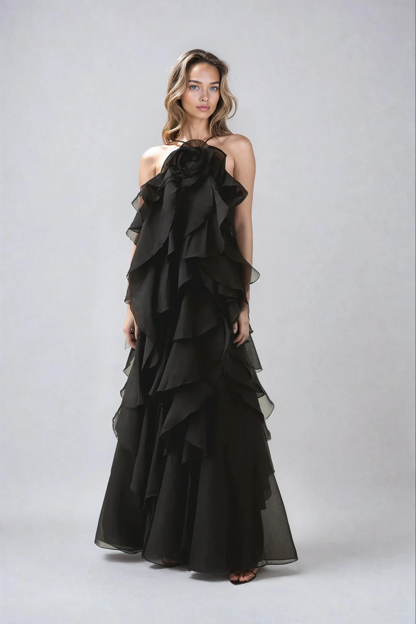 Nephele - Long Halter Ruffle Cocktail Dress
