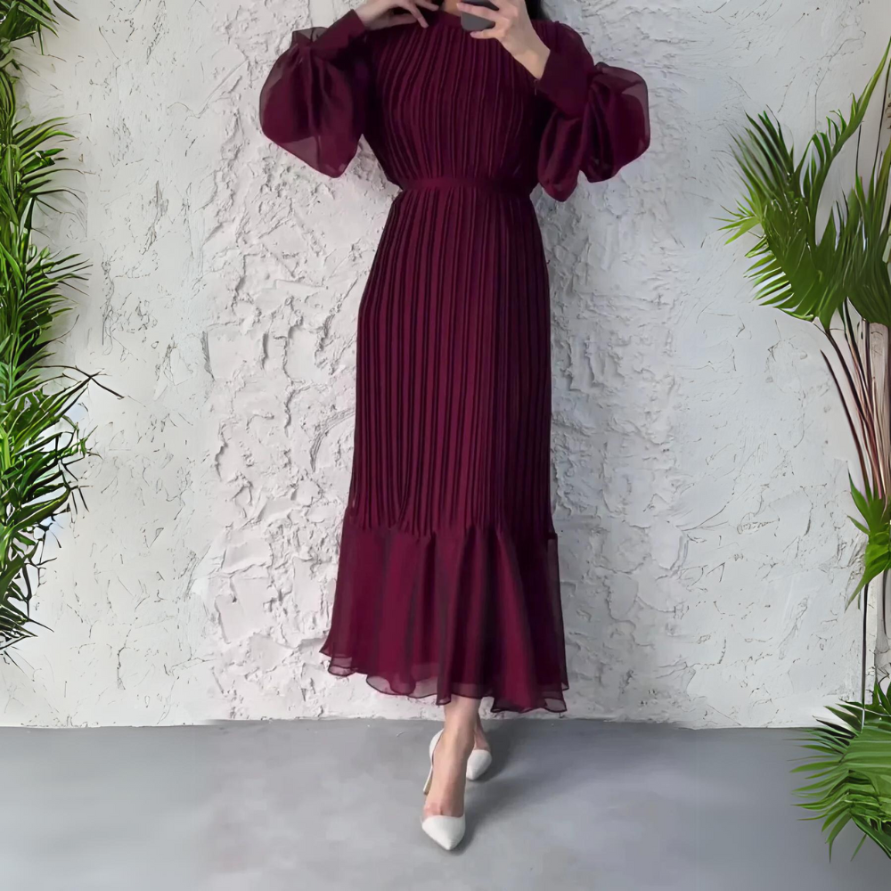 Cami - Chic French Fall Mesh-Accented Evening Gown