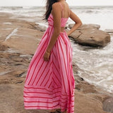 Elsie - Women’s Slash Neck Stripe Slip Maxi Dress