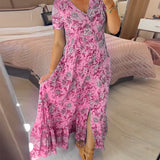 Ellie - Elegant Floral V-Neck Pleated Hem Dress