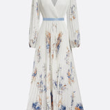Halston - Elegant V-Neck Puff Sleeves Maxi Dress