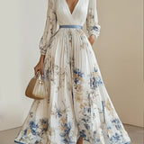 Halston - Elegant V-Neck Puff Sleeves Maxi Dress