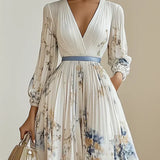 Halston - Elegant V-Neck Puff Sleeves Maxi Dress