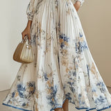 Halston - Elegant V-Neck Puff Sleeves Maxi Dress