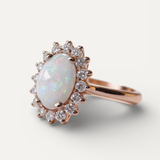 Vintage Rose Gold Ring with Oval Opal and Sparkling Crystal Border