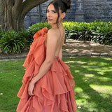 Nephele - Long Halter Ruffle Cocktail Dress