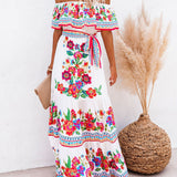 Oceana - Printed Lace-Up Waist Long Dress