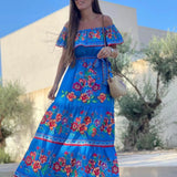 Oceana - Printed Lace-Up Waist Long Dress