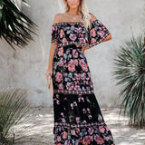 Oceana - Printed Lace-Up Waist Long Dress