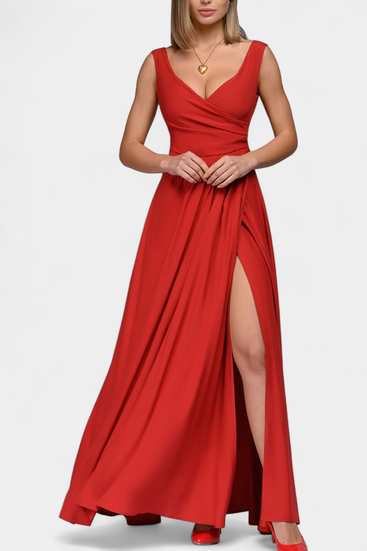 Rocío Vestido Largo con Drapeado Frontal y Escote Cruzado
