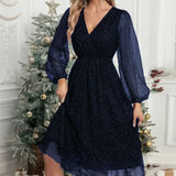 Mae Harper™ | Sparkling Mesh-Sleeve V-Neck Evening Dress