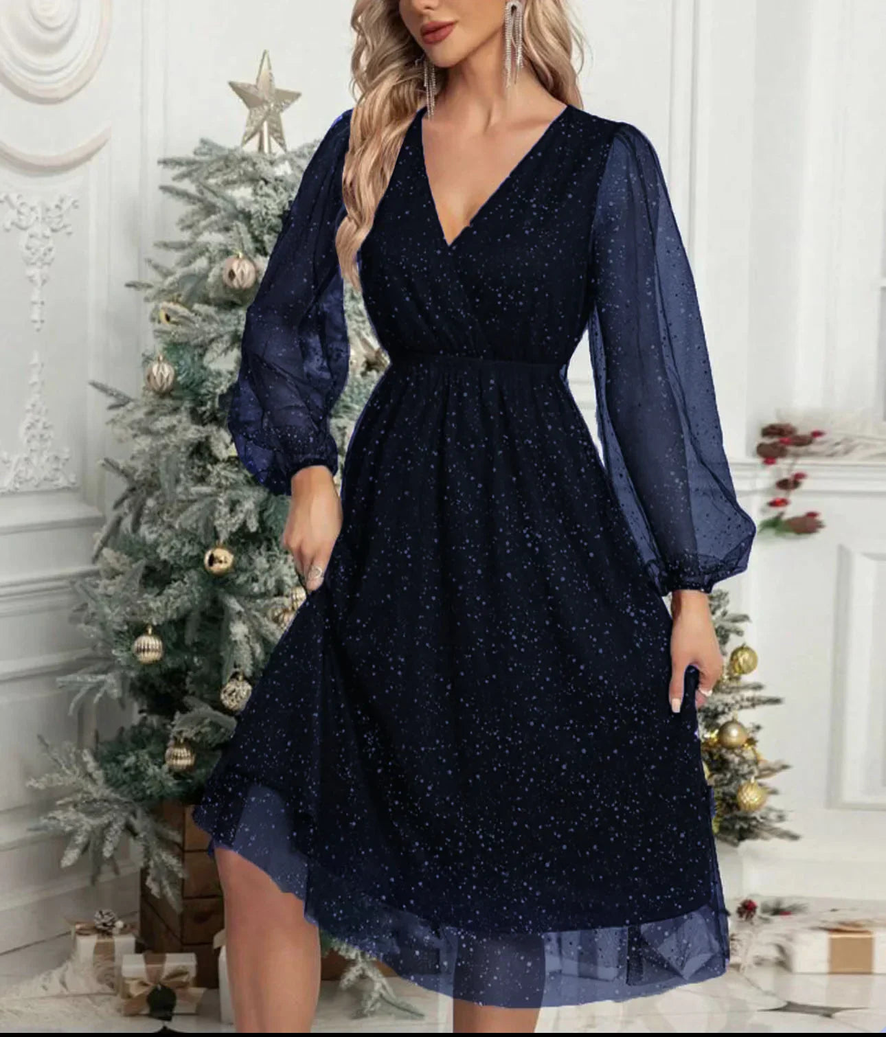 Mae Harper™ | Sparkling Mesh-Sleeve V-Neck Evening Dress
