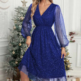 Mae Harper™ | Sparkling Mesh-Sleeve V-Neck Evening Dress