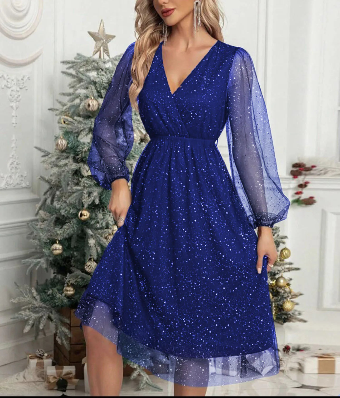 Mae Harper™ | Sparkling Mesh-Sleeve V-Neck Evening Dress