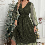 Mae Harper™ | Sparkling Mesh-Sleeve V-Neck Evening Dress