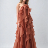 Nephele - Long Halter Ruffle Cocktail Dress