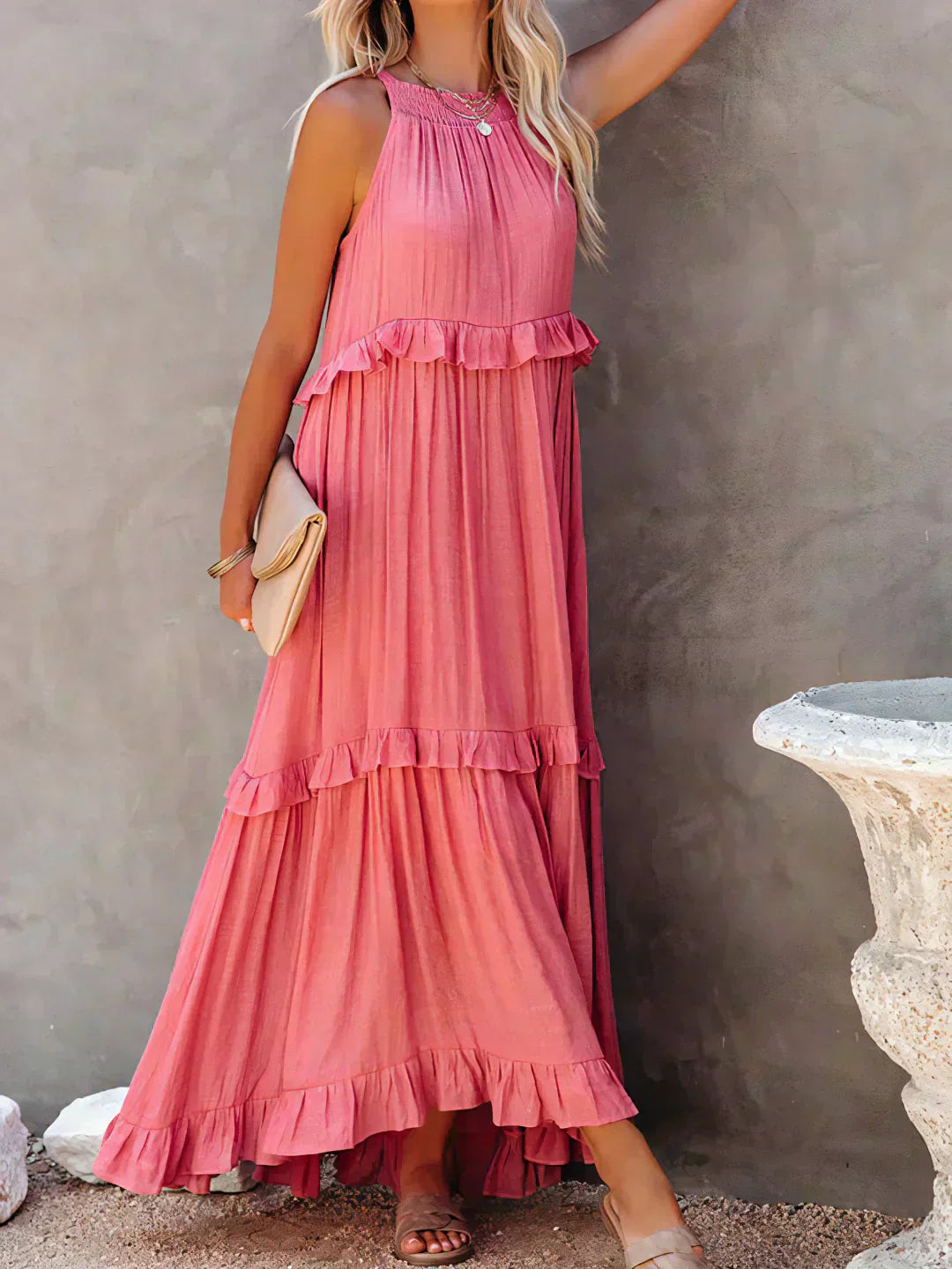 Delilah - Elegant Halter Neck Ruffle Trim Dress