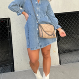 Galilea - Chic Turn-Down Collar Denim Midi Dress