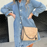 Galilea - Chic Turn-Down Collar Denim Midi Dress