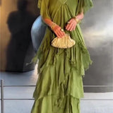 Blaise - Ruffled Short Sleeves V-Neck Maxi Dress