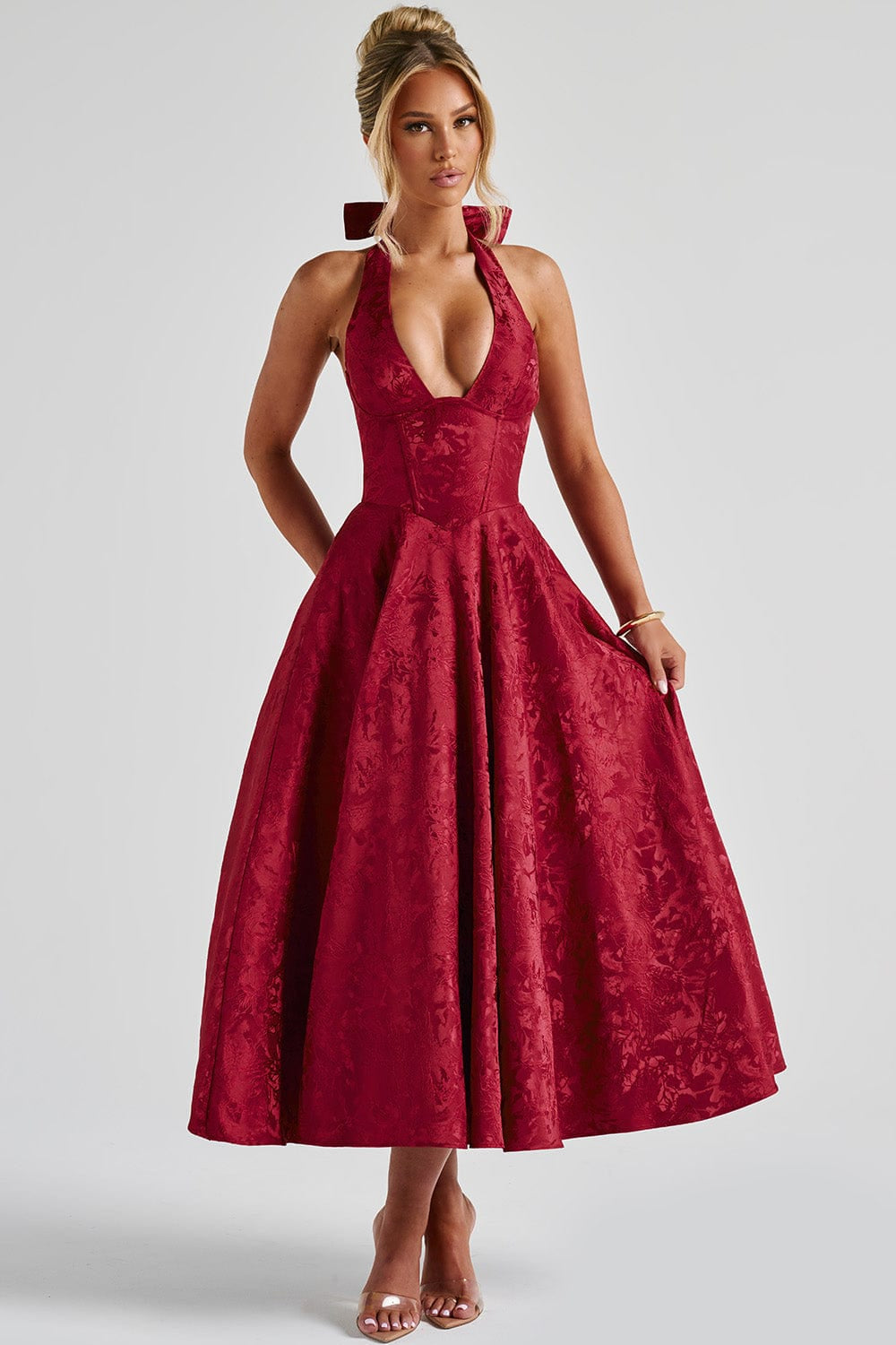 Renata - Jacquard Lace-Up Waist Maxi