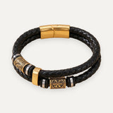 Braided Black Leather Bracelet with Gold Charm