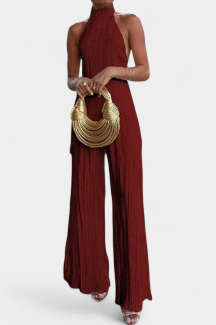 Pilarica Conjunto Elegante Plisado de Top Asimétrico y Pantalón Fluido