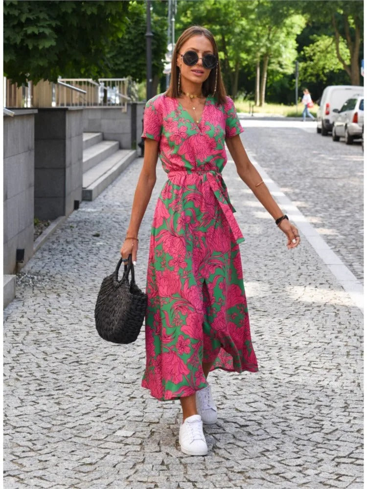 Vada - Sunset Stroll V-Neck Slit Print Dress