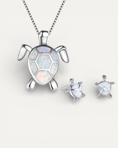 Silver Opal Sea Turtle Necklace and Earrings Set