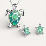 Silver Opal Sea Turtle Necklace and Earrings Set