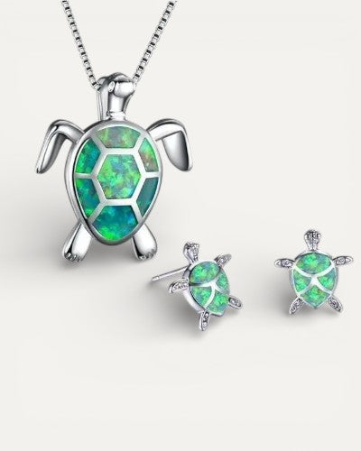 Silver Opal Sea Turtle Necklace and Earrings Set