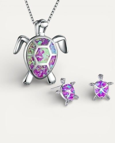 Silver Opal Sea Turtle Necklace and Earrings Set