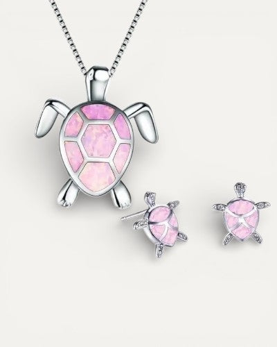 Silver Opal Sea Turtle Necklace and Earrings Set