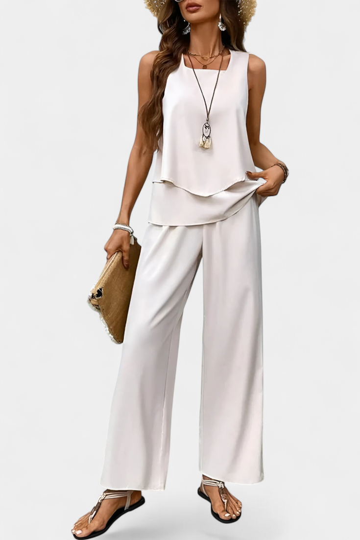 Martina Conjunto Boho Elegante Sin Mangas con Pantalón Recto Estampado