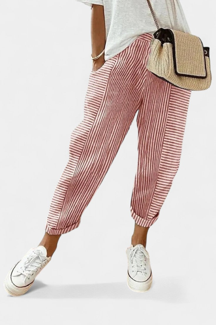 Alba Pantalones de Mezcla de Lino a Rayas