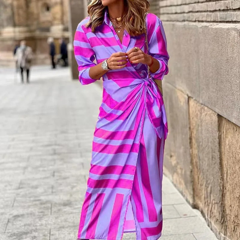 Zella - Fashion V-Neck Striped Lace-Up Midi Dress