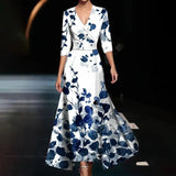 Emily - Printed High Waist Midi Dress with Mid Sleeves