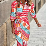 Zella - Fashion V-Neck Striped Lace-Up Midi Dress