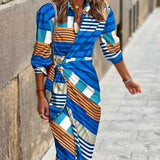 Zella - Fashion V-Neck Striped Lace-Up Midi Dress