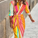 Zella - Fashion V-Neck Striped Lace-Up Midi Dress